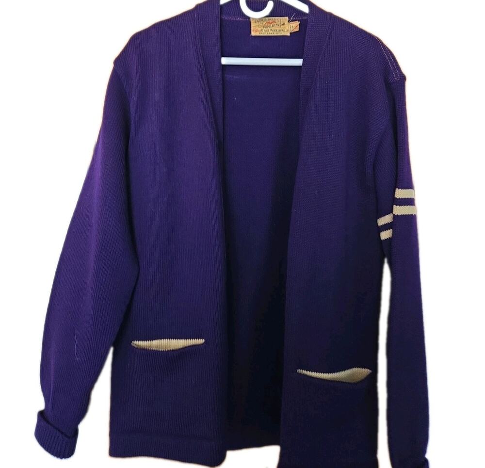 VTG Jack Frost WOOL Cardigan Letterman Football Varsity Sweater Purple Large